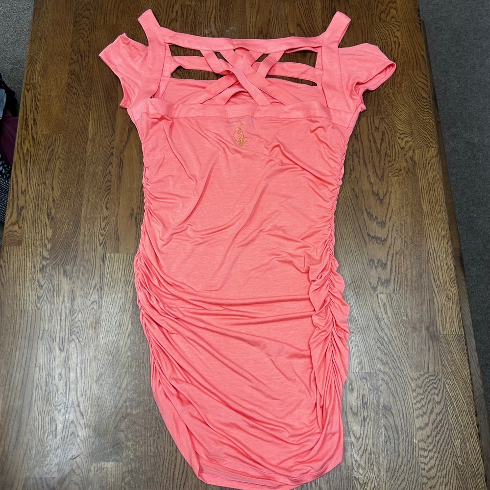 Y2K Baby Phat Coral Pink Ruched Bodycon Dress Studded 2X McBling Clubwear Baddie - Picture 3 of 8